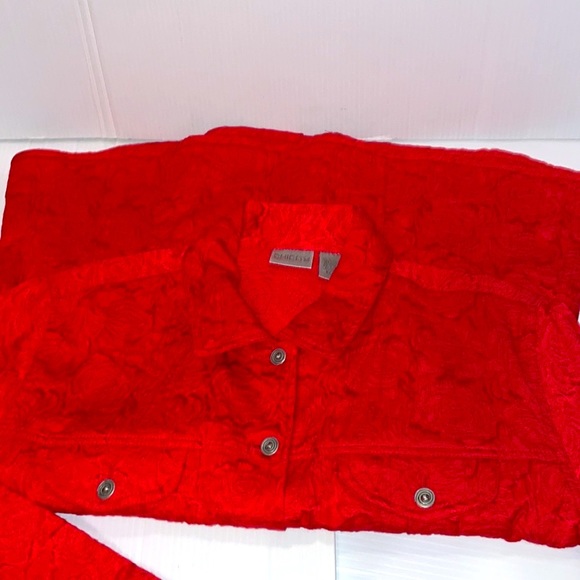 Chico’s Red Jacquard  Jacket / Top Excellent Women’s size 3 ( fits 16 ) - Picture 9 of 12